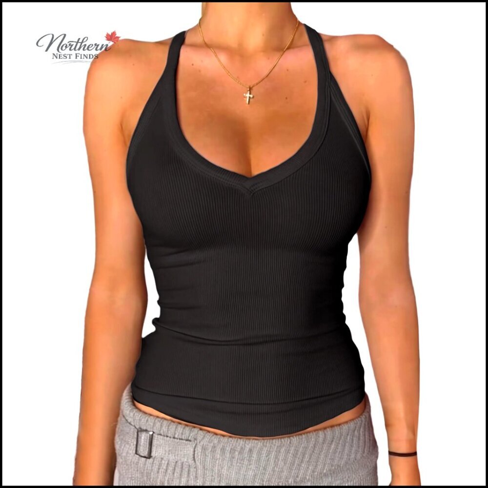 Padded Ribbed V-Neck Tank Top Women's Fitted Cami Removable Bra Support